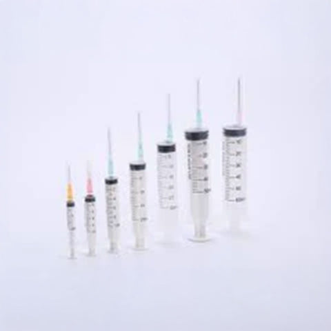 A row of seven 1cc Henke-Ject syringes, made of medical-grade plastic with luer lock mechanisms by MedPharma USA, is arranged from smallest to largest on a plain white background.