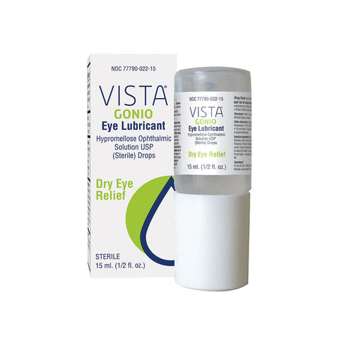 A Vista Gonio Eye Lubricant Drops bottle by MedPharma USA sits beside its packaging, featuring Dry Eye Relief, a 15mL (1/2 fl. oz.) size, and hypromellose ophthalmic solution USP for soothing dry, irritated eyes.