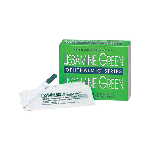 A green box labeled Green Glo, Lissamine Green Strips, 100/Box by MedPharma USA contains sterile white strips with green tips, essential for assessing ocular surface health during eye exams.