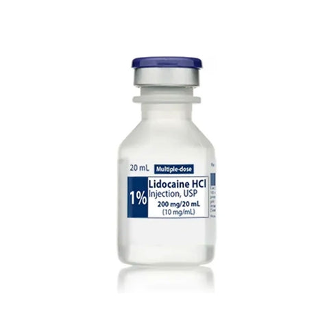 A clear bottle with a blue cap labeled Lidocaine Injection 1%, 20mL by MedPharma USA, ideal for use as a local anesthetic in various medical procedures.