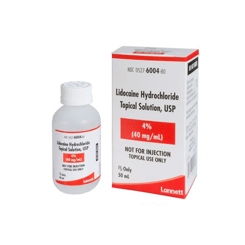 A white bottle, labeled Lidocaine 4% Topical Solution, 50mL, sits beside its matching white and red box from MedPharma USA. The labeling warns Not for Injection, Topical Use Only, ideal for localized pain relief.