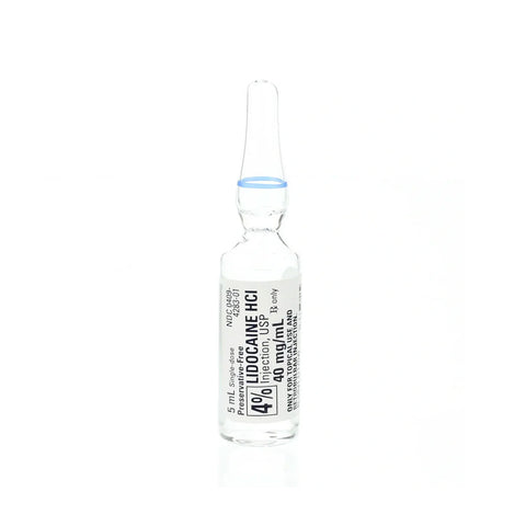 MedPharma USAs Lidocaine Injection 4% Ampules offer pain relief as a local anesthetic in a transparent glass ampoule labeled 40 mg/mL with a 4 mL volume. Designed for single use, it features medicinal details in white and black text and has a breakable neck marked by a blue ring.