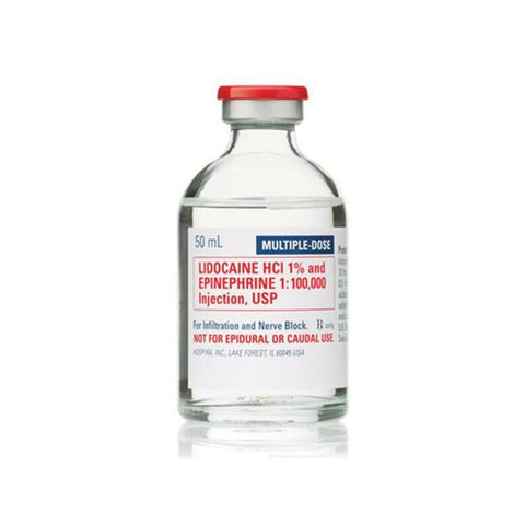 A 50 mL multiple-dose clear glass vial of Lidocaine Injection 1% w/ Epinephrine from MedPharma USA, featuring a red cap, is designated for local anesthesia and notes it is not for epidural or caudal use.