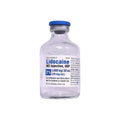 A clear 50 mL glass vial with a blue cap containing Lidocaine Injection 2% from Hikma (MedPharma USA), ideal for local anesthesia in pain management, displays usage instructions and concentration details in mg/mL.