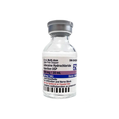 A clear vial from MedPharma USA, labeled Lidocaine Injection 2%, 20mL, with a gray stopper offers effective local anesthetic pain relief. The label contains medical details and percentages, set against a white background.