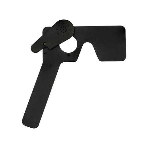 The Lorgnette Pinhole Occluder by MedPharma USA features a black silhouette with a circular section and lever resembling a hammer, a rectangular part, and an elongated handle, ideal for vision enhancement tasks.