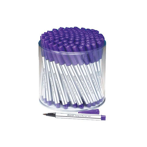 A clear cylinder contains purple-capped white markers. One, showing its tip and labeled VSGO Surgical Marker 1531, lies in front. Made by MedPharma USA, these non-sterile marking pens have water-based ink for precision and come 500 per pack.