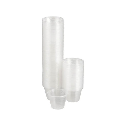 A set of MedPharma USA 1oz Medicine Cups, Plastic, 100/Bag, is neatly arranged on a plain white background.