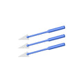 Three blue dental scalers with elongated handles and triangular metal tips are displayed on a white background, highlighting MedPharma USAs Non-Cellulose Surgical (PVA) Spears 10/Pack, 18 Packs/Box as essential sterile surgical supplies.