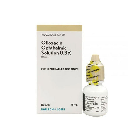 A small white bottle of Ofloxacin 0.3%, 5mL, by MedPharma USA, for ophthalmic use only, with a dropper cap, is next to its cardboard box. Its designed for treating bacterial conjunctivitis.