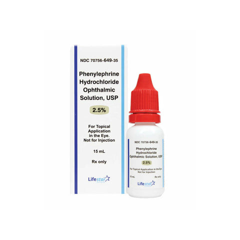 The image shows a 15 mL bottle of MedPharma USA Phenylephrine Hydrochloride Ophthalmic Solution 2.5% with its packaging, labeled for topical ocular use to promote mydriasis, clearly stating its not for injection.