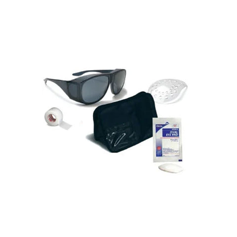 The MedPharma USA Post-op Kit, Refractive, includes dual refractive goggles, an eye shield, adhesive tape, a compact pouch, a boxed eye pad, and a white oval eye pad.