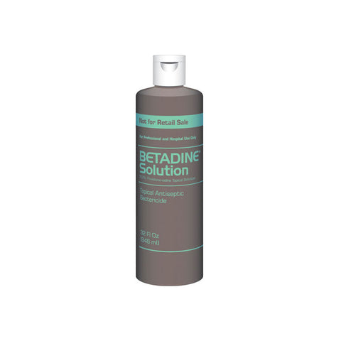 A brown bottle of MedPharma USAs Betadine Prep, 32oz Flip Top, showcases its antiseptic role. The label reads 10% Povidone-Iodine and features a white cap with teal text highlights.