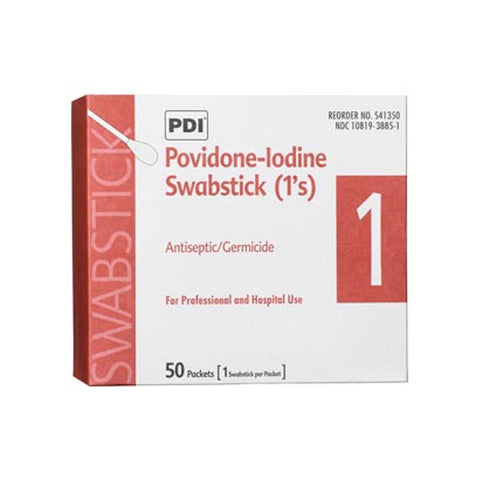 Image of a box labeled MedPharma USA PVP Solution Swabsticks 1/Pack, containing 50 packets for skin disinfection. The packaging, primarily white and red, features the text Antiseptic/Germicide and For Professional and Hospital Use.