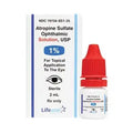 A 2mL small white bottle from Lifestar pharmaceuticals, bottle has a red cap and is labeled Atropine 1% for topical eye use by ophthalmologists and optometrists. Available to order at Vision Rescue. 