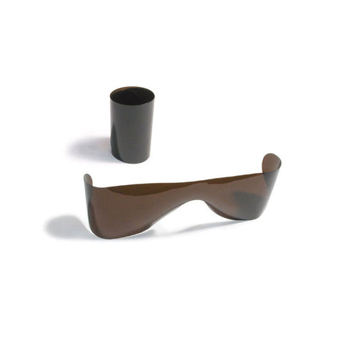 A pair of MedPharma USAs Rollups wraps in bronze with UV protection rests flat on a white surface, accompanied by an upright rolled tube casting shadows. Ideal for eye exams or as post-mydriatic sunglasses. Available in 100/Bag.