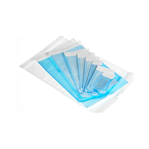 MedPharma USAs 5 1/4 x 10 sterilization pouches, ideal for medical or dental instruments, feature a blue transparent front to view contents, color change indicator, and white self-sealing strips. They come in blue and white and are packaged 200 per box.