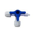 The MedPharma USA Three Way Stop Cock is a medical device for fluid management, featuring a blue valve handle. It includes three ports with white connectors and transparent tubing in a T-shape, perfect for efficient intravenous therapy.