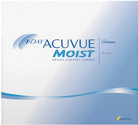 The Acuvue 1-Day Acuvue Moist (90 Pack) contact lenses feature a blue and white design with Lacreon technology, UV blocking indicated by a yellow symbol, and contain 90 daily disposable lenses.