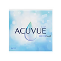 The Acuvue Oasys Max 1-Day (90 pack) features a water droplet on a calming blue and white box, highlighting TearStable Technology, an OptiBlue Light Filter, UV blocking, and contains 90 lenses.