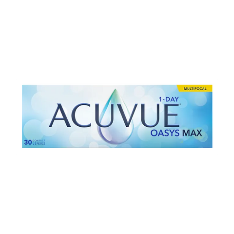 The Acuvue Oasys Max 1-Day Multifocal (30 pack) features a gradient blue and white design with a water drop image. Enhanced by TearStable Technology, this Acuvue product ensures all-day comfort.