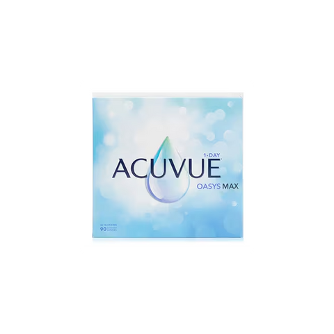 A box of Acuvue Oasys Max 1-Day contact lenses from Acuvue, featuring TearStable™ Technology for all-day comfort and an OptiBlue™ Light Filter. The blue packaging with a blurry bubble effect and droplet logo contains 90 lenses for convenience.