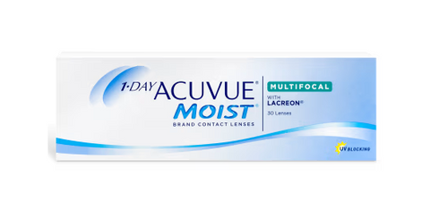 The 1-Day Acuvue Moist Multifocal (30 Pack) by Acuvue features advanced LACREON Technology for all-day comfort, UV protection, and comes in primarily white packaging with blue accents.