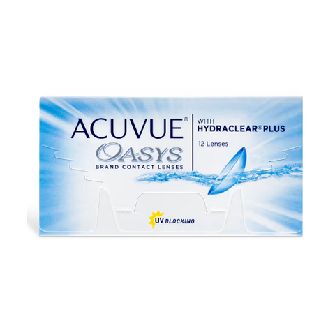 The Acuvue Oasys 12 Pack, featuring Hydraclear® Plus Technology in sleek blue and white packaging with water imagery, is labeled as a Class 1 UV blocker and contains 12 lenses for optimal eye protection.