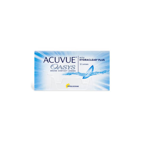 The Acuvue Oasys (12 Pack) from Acuvue comes in blue and white packaging with a water splash graphic. It features HYDRACLEAR® PLUS Technology for superior comfort and UV protection, containing 12 lenses for optimal eye care.