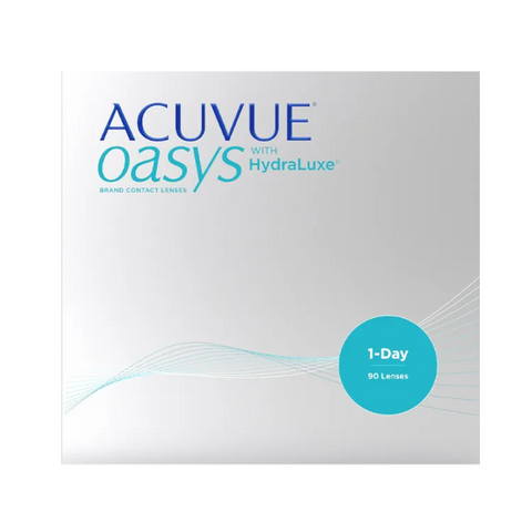 The Acuvue Oasys 1-day (90 Pack) features HydraLuxe Technology. Its mostly white box with blue and teal text has a teal circle in the lower right corner, indicating it includes 90 daily disposable lenses.