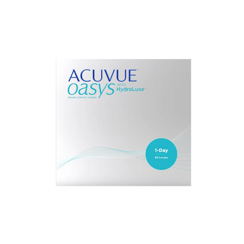 The image shows a white box of Acuvue Oasys 1-Day (90 Pack) contact lenses by Acuvue, featuring HydraLuxe Technology, with light blue and green accents.