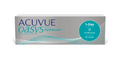 The Acuvue Oasys 1-Day (30 Pack) contact lenses come in a silver and blue box featuring a teal circle with UV Blocking and 30 Lenses, complemented by wavy lines that highlight its innovative Acuvue design.