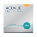 Image of an Acuvue Oasys 1-Day for Astigmatism (90-pack) contact lens box with HydraLuxe technology, offering UV protection. The daily disposable lenses come in packaging featuring a light gradient with blue and orange accents.