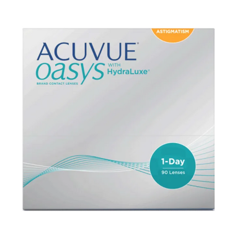 Image of an Acuvue Oasys 1-Day for Astigmatism (90-pack) contact lens box with HydraLuxe technology, offering UV protection. The daily disposable lenses come in packaging featuring a light gradient with blue and orange accents.