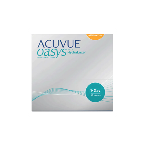 The silver Acuvue Oasys 1-Day for Astigmatism (90 Pack) box, with teal and orange accents, includes HydraLuxe Technology for daily comfort and clarity.