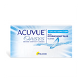 The image displays an Acuvue Oasys for Astigmatism (6-Pack) box featuring HYDRACLEAR PLUS Technology, water imagery, UV-blocking label, and branding. Inside are six toric lenses designed for optimal comfort.