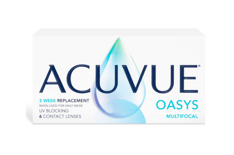 The Acuvue Oasys Multifocal packaging features a blue-tinted droplet, 2 week replacement, and UV blocking text. Its primarily white and blue design subtly mirrors innovations seen in toric designs like TOTAL30 for Astigmatism.