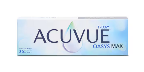 This image displays Acuvue Oasys Max 1-Day (30 Pack) contact lenses packaging. The mostly white box with blue accents features a water droplet design. Equipped with UV blocking, TearStable Technology, and the OptiBlue Light Filter, it ensures ultimate comfort.