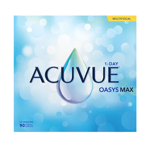 The image shows a box of Acuvue Oasys Max 1-Day Multifocal contact lenses. The blue packaging features a water droplet design, highlighting multifocal and UV blocking for 90 lenses, with TearStable Technology for enhanced comfort.