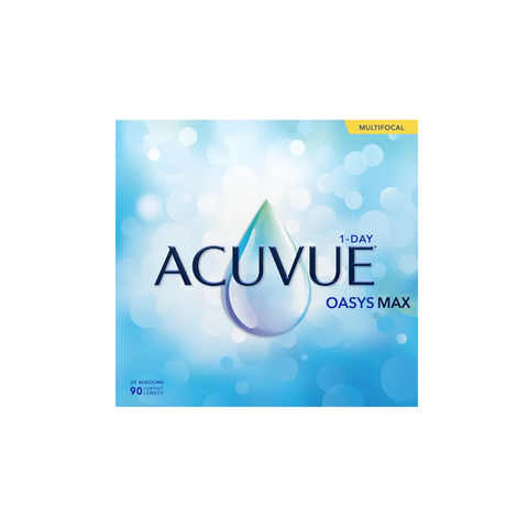 The Acuvue Oasys Max 1-Day Multifocal (90 Pack) from Acuvue features a blue and white box with a teardrop design, highlighting 1-Day, Multifocal, UV blocking, and blue light filtration.