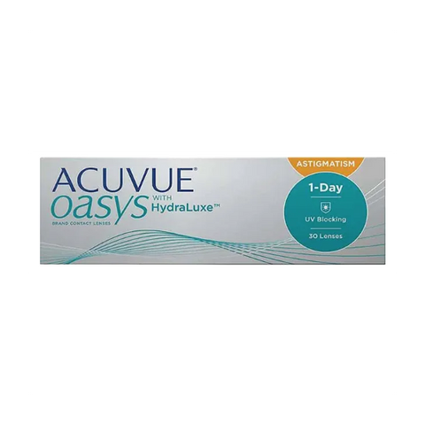 Image of Acuvue Oasys 1-Day for Astigmatism (30-pack) box. The packaging shows UV protection and HydraLuxe logo, with green and blue text, plus a wave graphic emphasizing comfort for astigmatism.