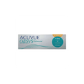 The Acuvue Oasys 1-Day for Astigmatism (30 Pack) features HydraLuxe Technology and BLINK STABILIZED Design. It highlights 1-Day and UV Blocking on a teal and gray package with elegant curved lines.