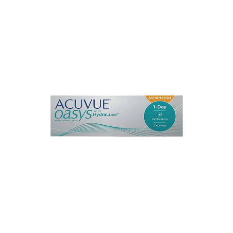 The Acuvue Oasys 1-Day for Astigmatism (30 Pack) features HydraLuxe Technology and BLINK STABILIZED Design. It highlights 1-Day and UV Blocking on a teal and gray package with elegant curved lines.