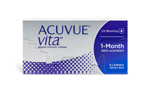 A box of Acuvue Vita Monthly (6 Pack) contact lenses by Acuvue features HydraMax™ Technology and a sleek silver and purple design. It highlights UV Blocking, 1-Month Replacement, and includes 6 lenses for daily wear, ensuring comfort from start to finish.