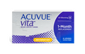 Acuvue Vita for Astigmatism Monthly (6-pack) lenses by Acuvue offer BLINK STABILIZED Design, UV blocking, and come in a white and purple dotted box. Each box contains six lenses for daily wear with a 1-month replacement schedule.