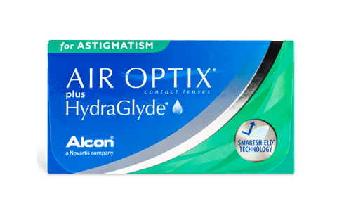 Box of Air Optix Hydraglyde for Astigmatism lenses by Air Optix featuring SmartShield Technology with a droplet design on the blue and green packaging.