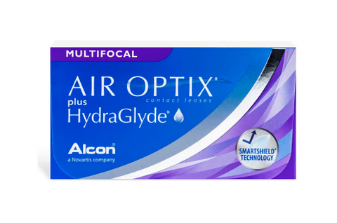 The Air Optix Plus Hydraglyde Multifocal lenses, a monthly disposable product for presbyopia from Alcon, feature SmartShield Technology and are packaged in blue and purple. As part of Novartis, they ensure quality and advanced vision care.