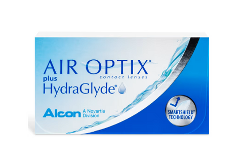 The Air Optix Plus Hydraglyde Monthly (6-pack) features a sleek blue and white rectangular box with a water drop graphic and SmartShield Technology icon, prominently showcasing the trusted Air Optix brand.