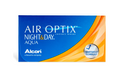 The Air Optix Night & Day Aqua Monthly (6-Pack) box, in blue and orange, features Alcon branding and a SmartShield Technology badge, emphasizing extended comfort for day and night wear.