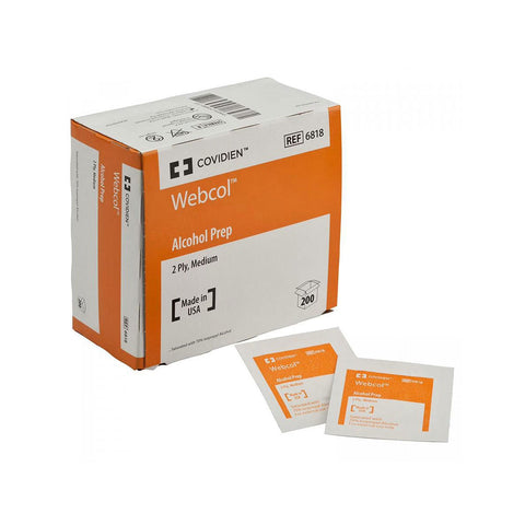 Alcohol Prep Pads- Webcol 70% Strength, Individual Packet, Medium, 200/Ct - Covidien